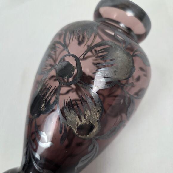 Vintage Amethyst Hand Blown Glass Vase Floral Silver Overlay 5.5" Purple Flowers - Picture 12 of 12